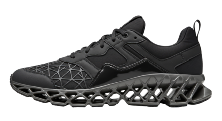 Stylish Black Athletic Sneaker with Geometric Sole Design.