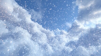 Obraz premium Soft snowflakes drift down through a clear blue sky, surrounded by fluffy white clouds, creating a serene winter atmosphere during daylight hours.