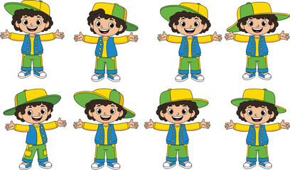 Happy cartoon boy with curly hair wearing green and yellow cap, blue vest, yellow shirt, green pants, white sneakers, smiling, standing, playful poses, white background