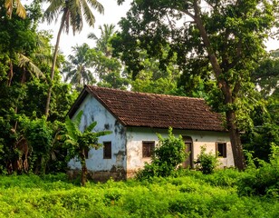 Fototapeta premium Weathered house nestled in lush tropical foliage