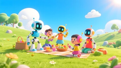 Animated characters, including robots and children, enjoying a picnic on a sunny day in a vibrant, colorful landscape.
