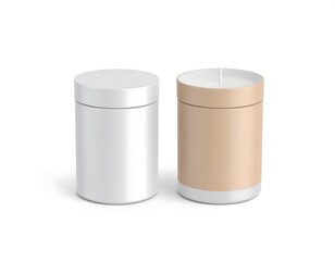 Two cylinder candles, one with a light gray/silver lid, the other with a tan/beige label, on a white background