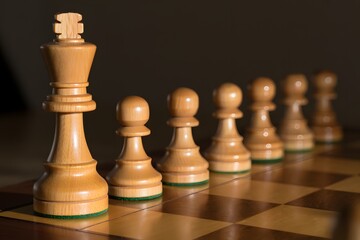 focus One chess pieces staying against full set of chess pieces. Strategy, Planning and Decision concept