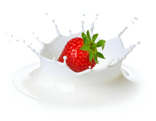 A ripe red strawberry plunging into a pool of creamy white milk, creating an elegant crown-shaped splash, isolated on a white background.