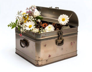 Vintage Metal Box Overflowing with Flowers and Natural Elements, Isolated on White Background