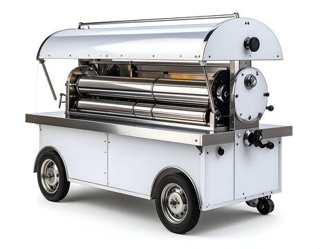 A gleaming retro-style commercial hot dog roller grill on a mobile cart, with spinning chrome rollers isolated against a white background.