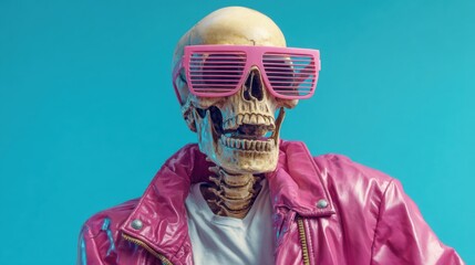 A skeleton wearing a bright pink jacket and oversized sunglasses strikes a fun pose against a solid blue backdrop. The scene radiates a retro vibe, blending humor and fashion.