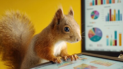 A squirrel explores a digital tablet displaying various graphs and charts in a bright office setting.
