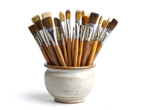 A collection of various artist paintbrushes with wooden handles in a rustic ceramic pot, isolated on a white background. - Powered by Adobe