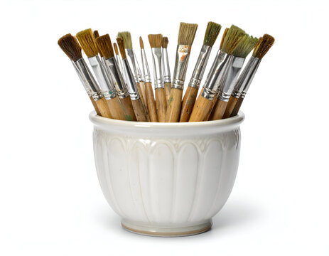 A collection of assorted, well-used artist paintbrushes with stained bristles, gathered in a white ceramic pot and isolated on a white background. - Powered by Adobe