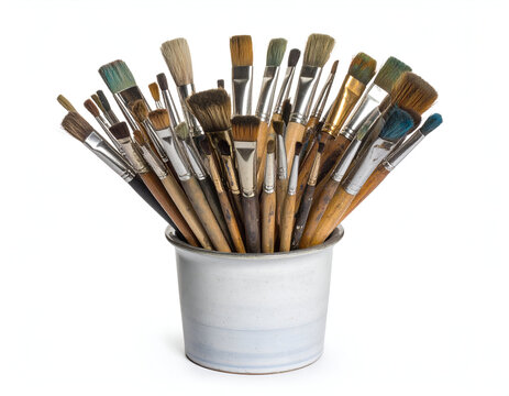 A large collection of well-used artist paintbrushes in a simple ceramic pot, isolated on a white background.