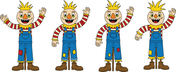 Happy cartoon scarecrow with yellow straw hair, orange nose, stitched mouth, striped red and white shirt, blue patched overalls, brown boots, waving arms, white background illustration