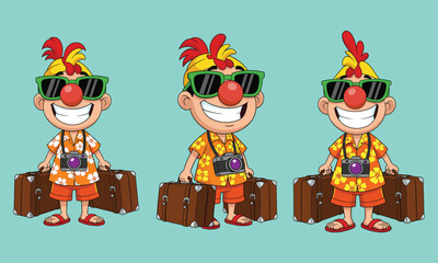 Happy cartoon tourist character with red nose, green sunglasses, floral orange shirt, shorts, red sandals, camera around neck, holding two suitcases, smiling, turquoise background