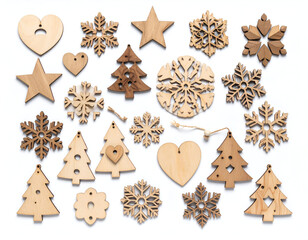 Aesthetic Assortment of Laser-Cut Wooden Christmas Ornaments and Craft Embellishments on White Background