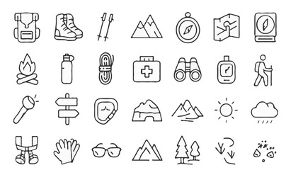 Naklejka premium Vector mountain climbing and hiking icons set | include backpack, hiking boots, trekking poles, mountain peak, compass, map, tent, campfire, water bottle, climbing rope, Etc. Isolated White background