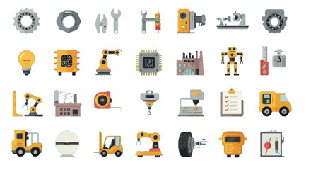 Vector icon set of robotics engineering | including robotic arm, humanoid robot, AI chip, servo motor, gears, control panel, assembly line robot, sensor module, remote controller