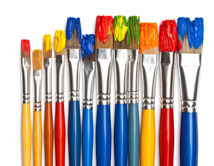 A Colorful Array Paintbrushes Lined Up with Vibrant Primary Colors for Artistic Creation