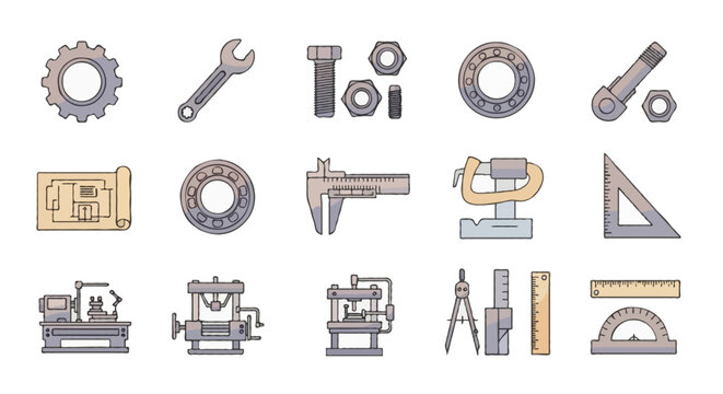 Vector mechanical engineering tools and symbols  icons set | including gear, wrench, nuts and bolts, bearing, caliper, blueprint, lathe machine, hydraulic press, technical drawing tools