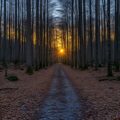 Obraz premium Sunlight streams through a forest path.