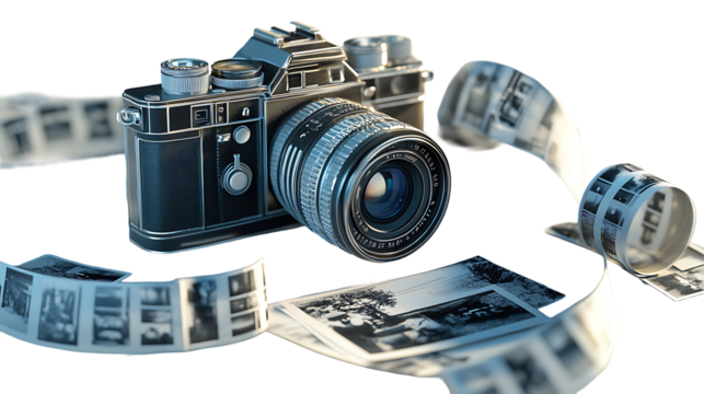 Old-fashioned film camera with film roll and negatives isolated on transparent background great for creative content, retro advertising, and photo archives
