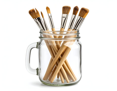 A collection of assorted artist paintbrushes with wooden handles stored upright in a clear glass mason jar, isolated on a white background - Powered by Adobe