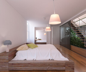 Modern minimalist interior design for wooden bedroom with stylish lighting hanging for home decoration, indoor plants and wooden floor along with sliding glass door for cozy bedroom 3D rendering.