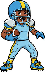 Cartoon American football player in blue uniform, holding ball, wearing helmet and gloves, confident pose, sports character vector illustration, isolated, fun design