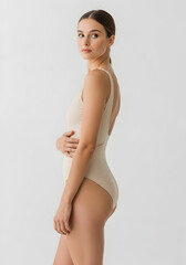 Fototapeta premium Elegant Woman in Beige One Piece Swimsuit Summer Fashion Beachwear Model Posing Minimalist Studio Shot