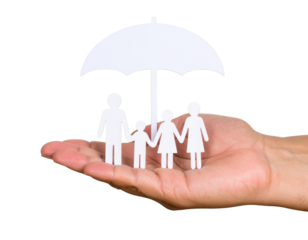 A hand supports a group of paper cutouts representing a family, sheltered under a paper umbrella.