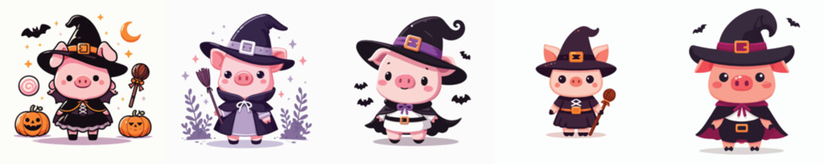vector pig in witch costume
