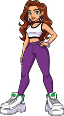 Confident young woman with long brown hair wearing white crop top, purple pants, platform sneakers, hoop earrings, stylish casual look, modern fashion vector illustration