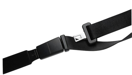 A black seatbelt with a metallic buckle, designed for safety in vehicles.