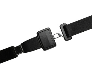 A black seatbelt with a metal buckle, designed for safety in vehicles.