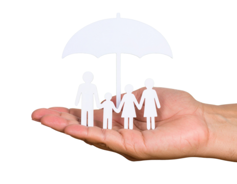 A hand supports a group of paper cutouts representing a family, sheltered under a paper umbrella.