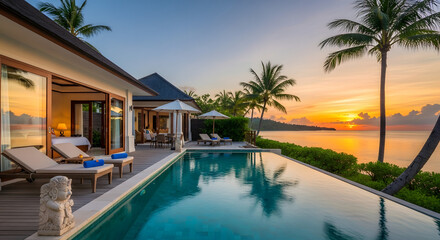 Fototapeta premium Luxurious oceanside villa with infinity pool offers a stunning sunset view, inviting relaxation and tranquility in a tropical paradise, blending modern comfort with natural beauty