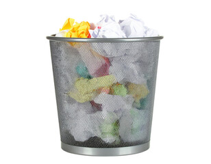 A metal wastebasket filled with crumpled papers in various colors, showcasing a mixture of discarded items.