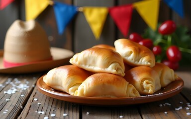 Traditional Colombian Independence Day Celebration with Empanadas, Straw Hat, and Colombian Flag Banners on Rustic Wooden Background. High quality