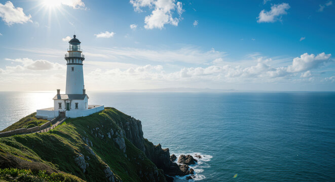 Majestic white lighthouse stands tall on a grassy cliff overlooking the vast blue ocean