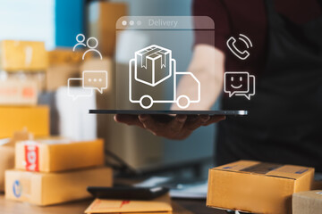 E-commerce seller using tablet with delivery and communication icons for customer interaction, shipping updates, and logistics satisfaction
