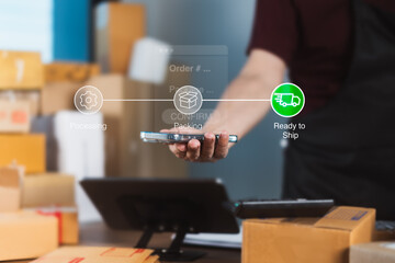 E-commerce seller tracking order status with smartphone and digital logistics icons showing process from packing to ready-to-ship