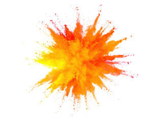A vibrant explosion of colorful powder particles radiates outward in shades of orange, yellow, and pink.