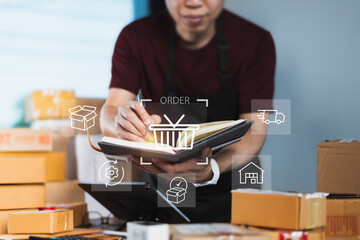 Small business owner checking online orders and managing inventory with logistics icons for e-commerce shipping and fulfillment process