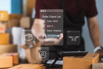 Online seller confirming e-commerce shipping via smartphone with digital checklist, drone delivery, and logistics icons for smart fulfillment