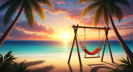 Serene tropical beach sunset with palm trees and a hammock swing