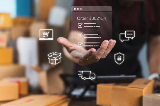 Online store owner managing secure e-commerce order checklist with shipping, logistics, and customer communication icons