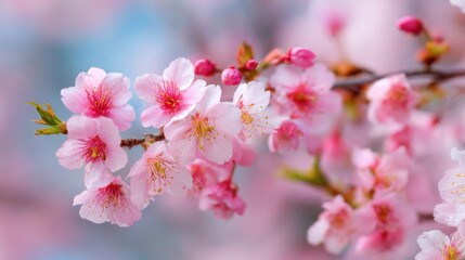 A close-up of cherry blossom branches in full bloom during spring. The soft pink petals contrast beautifully with the budding green leaves, creating a serene atmosphere.