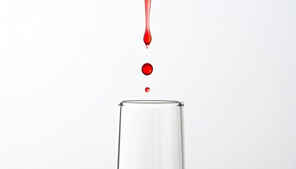 Precise dripping of a red solution into a laboratory test tube for a chemistry experiment or medical analysis.