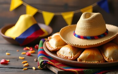 Traditional Colombian Independence Day Celebration with Empanadas, Straw Hat, and Colombian Flag Banners on Rustic Wooden Background. High quality