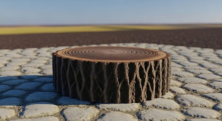 Naklejka premium Rustic log podium on cobblestone with natural background