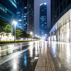 Wet city street at night, reflecting lights from skyscrapers and shops
